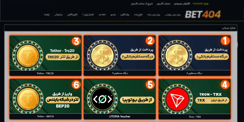 روش های واریز به حساب بت 404